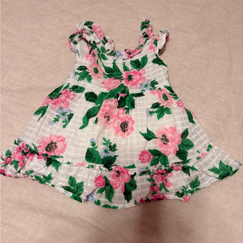 Janie and Jack White cotton Dress with Green and Pink Floral Pattern 6-12 months